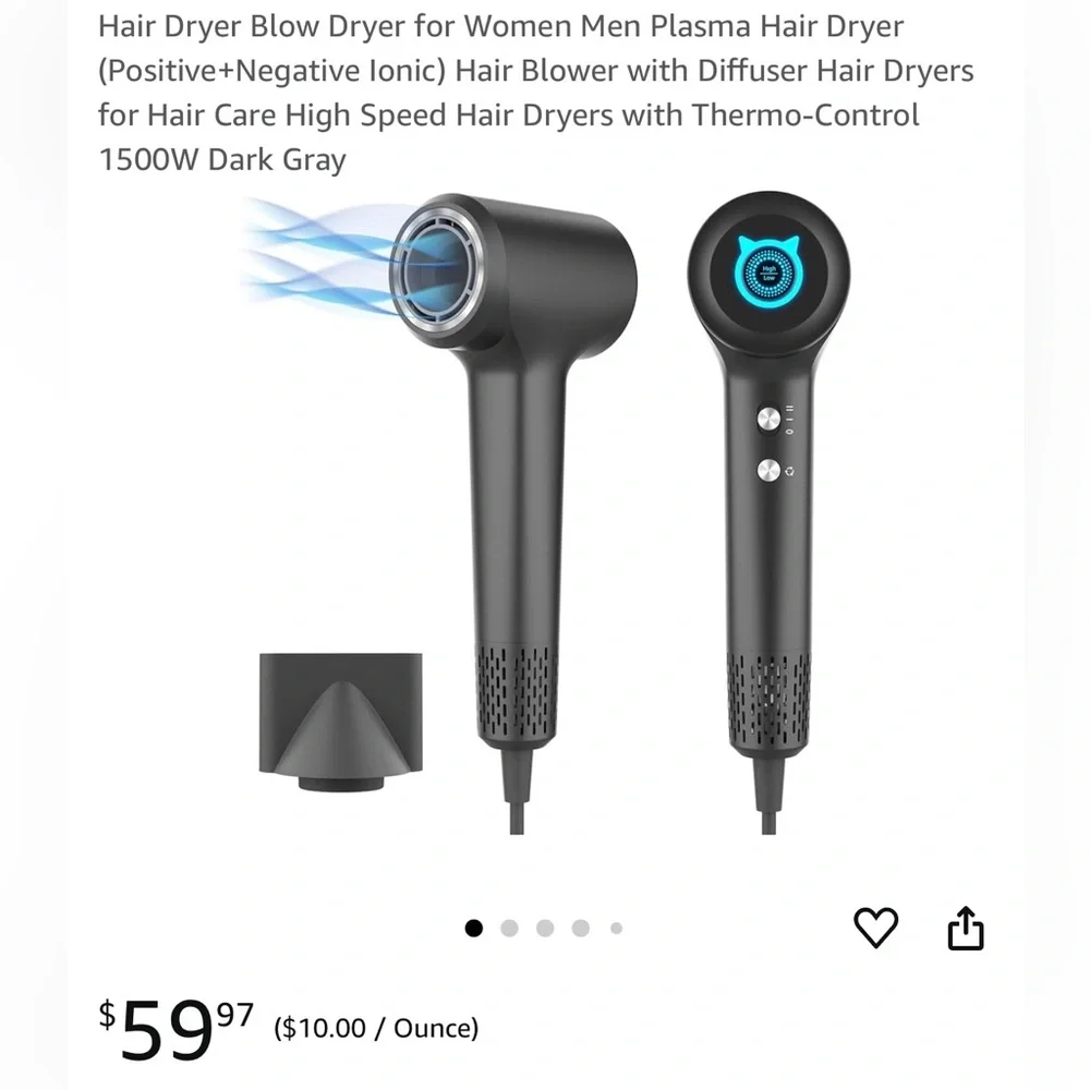 NEW! Plasma Hair Dryer (Positive+Negative Ionic) 1500W Dark Gray
